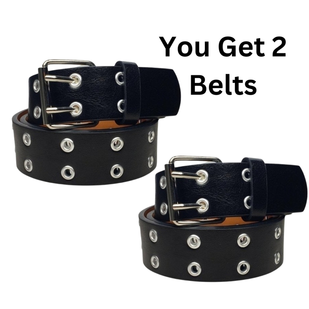 Men's Black Two hole Metal Grommet Genuine Leather Casual Belts LARGE 2 BELTS
